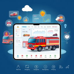 A conceptual illustration of a modern fire truck monitoring application interface, showcasing real-time data analytics of firefighting vehicles and supporting equipment