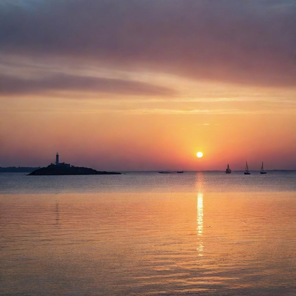 An enchanting sunset image with multi-colored hues reflecting over a calm sea, with distant silhouettes of sailing boats and a lighthouse.