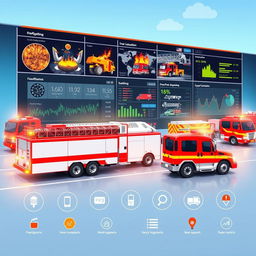 A conceptual illustration of a modern fire truck monitoring application interface, showcasing real-time data analytics of firefighting vehicles and supporting equipment