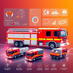 A conceptual illustration of a modern fire truck monitoring application interface, showcasing real-time data analytics of firefighting vehicles and supporting equipment