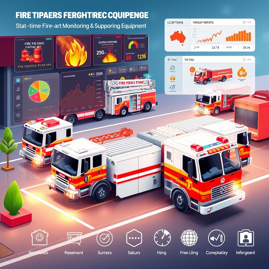 A conceptual illustration of a modern fire truck monitoring application interface, showcasing real-time data analytics of firefighting vehicles and supporting equipment