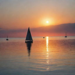 An enchanting sunset image with multi-colored hues reflecting over a calm sea, with distant silhouettes of sailing boats and a lighthouse.