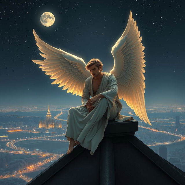 A majestic scene of a handsome male angel seated gracefully atop a rooftop at night, overlooking a serene city skyline