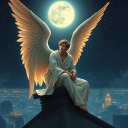 A majestic scene of a handsome male angel seated gracefully atop a rooftop at night, overlooking a serene city skyline