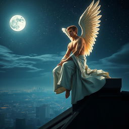 A majestic scene of a handsome male angel seated gracefully atop a rooftop at night, overlooking a serene city skyline