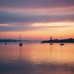 An enchanting sunset image with multi-colored hues reflecting over a calm sea, with distant silhouettes of sailing boats and a lighthouse.