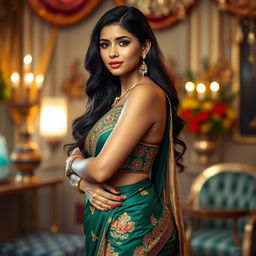 A stunning Indian woman with an hourglass figure wearing a beautifully styled, form-fitting saree in rich colors like emerald green and gold, featuring intricate embroidery