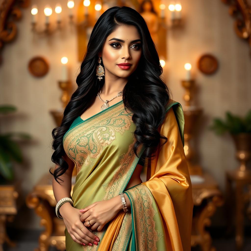 A stunning Indian woman with an hourglass figure wearing a beautifully styled, form-fitting saree in rich colors like emerald green and gold, featuring intricate embroidery