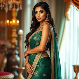 A stunning Indian woman with an hourglass figure wearing a beautifully styled, form-fitting saree in rich colors like emerald green and gold, featuring intricate embroidery