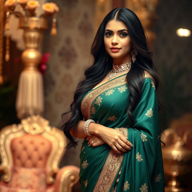 A stunning Indian woman with an hourglass figure wearing a beautifully styled, form-fitting saree in rich colors like emerald green and gold, featuring intricate embroidery