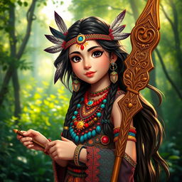 A vibrant representation of a young shaman girl named Tara, inspired by elements of Sanskrit culture