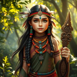 A vibrant representation of a young shaman girl named Tara, inspired by elements of Sanskrit culture