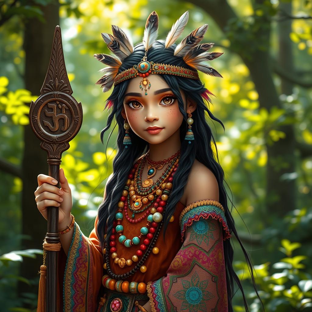 A vibrant representation of a young shaman girl named Tara, inspired by elements of Sanskrit culture