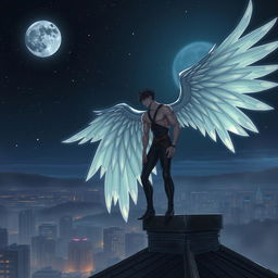 A captivating scene of a striking male figure with large, majestic wings perched atop a rooftop at night