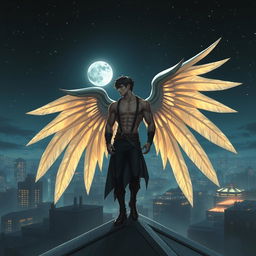 A captivating scene of a striking male figure with large, majestic wings perched atop a rooftop at night