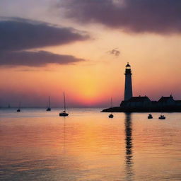 An enchanting sunset image with multi-colored hues reflecting over a calm sea, with distant silhouettes of sailing boats and a lighthouse.