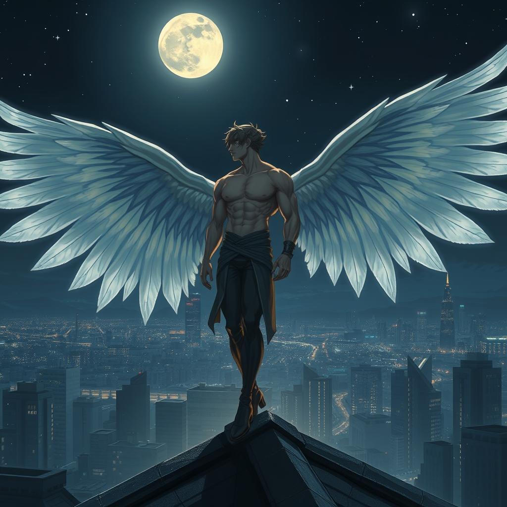 A captivating scene of a striking male figure with large, majestic wings perched atop a rooftop at night