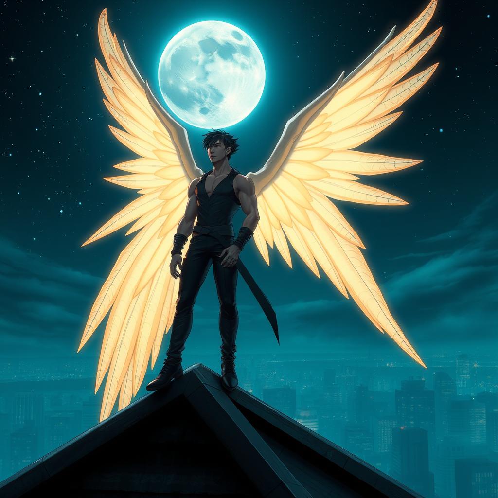 A captivating scene of a striking male figure with large, majestic wings perched atop a rooftop at night