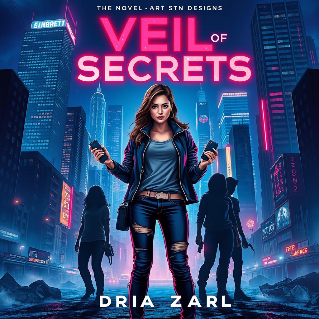 A compelling cover design for the novel 'Veil of Secrets', showcasing a vibrant modern cityscape illuminated by neon lights