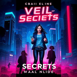 A compelling cover design for the novel 'Veil of Secrets', showcasing a vibrant modern cityscape illuminated by neon lights