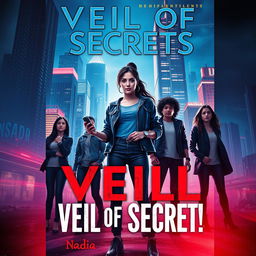 A compelling cover design for the novel 'Veil of Secrets', showcasing a vibrant modern cityscape illuminated by neon lights