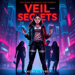 A compelling cover design for the novel 'Veil of Secrets', showcasing a vibrant modern cityscape illuminated by neon lights