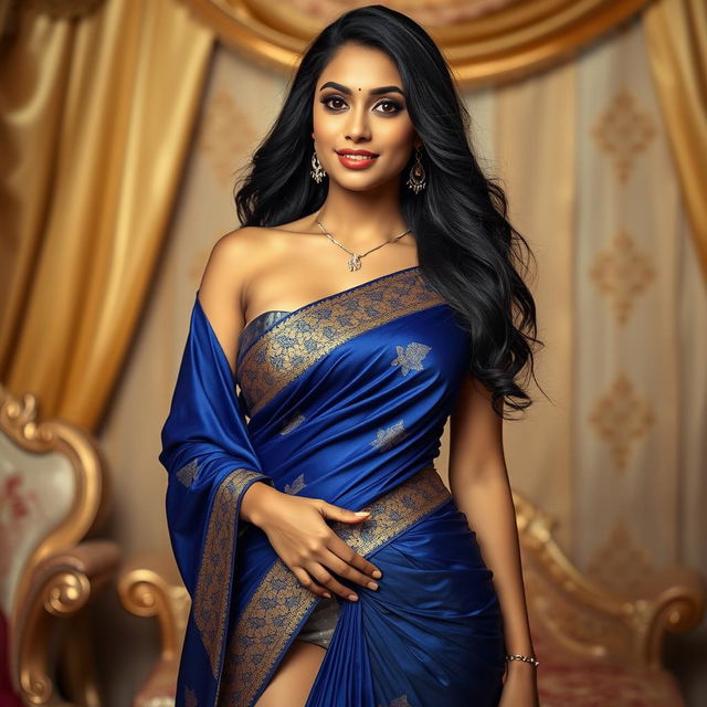 A captivating Indian woman confidently wearing a stunning saree with a seductive design in rich colors like royal blue and gold, accentuating her figure