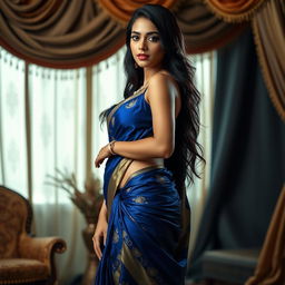 A captivating Indian woman confidently wearing a stunning saree with a seductive design in rich colors like royal blue and gold, accentuating her figure