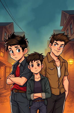 A vivid illustration of three brothers: Ponyboy Curtis, a 14-year-old teenager with short, dark hair and thoughtful eyes, looking intently at the viewer, alongside his two older brothers