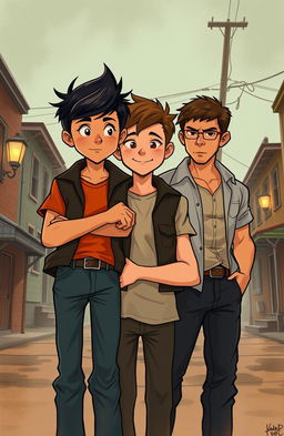 A vivid illustration of three brothers: Ponyboy Curtis, a 14-year-old teenager with short, dark hair and thoughtful eyes, looking intently at the viewer, alongside his two older brothers