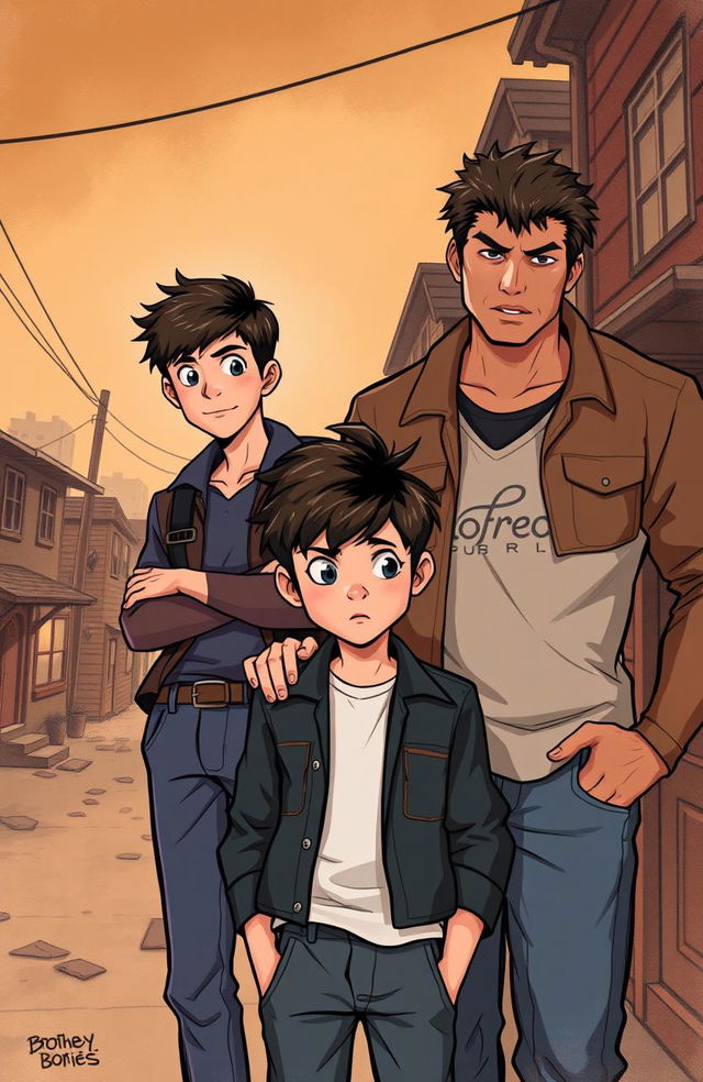 A vivid illustration of three brothers: Ponyboy Curtis, a 14-year-old teenager with short, dark hair and thoughtful eyes, looking intently at the viewer, alongside his two older brothers