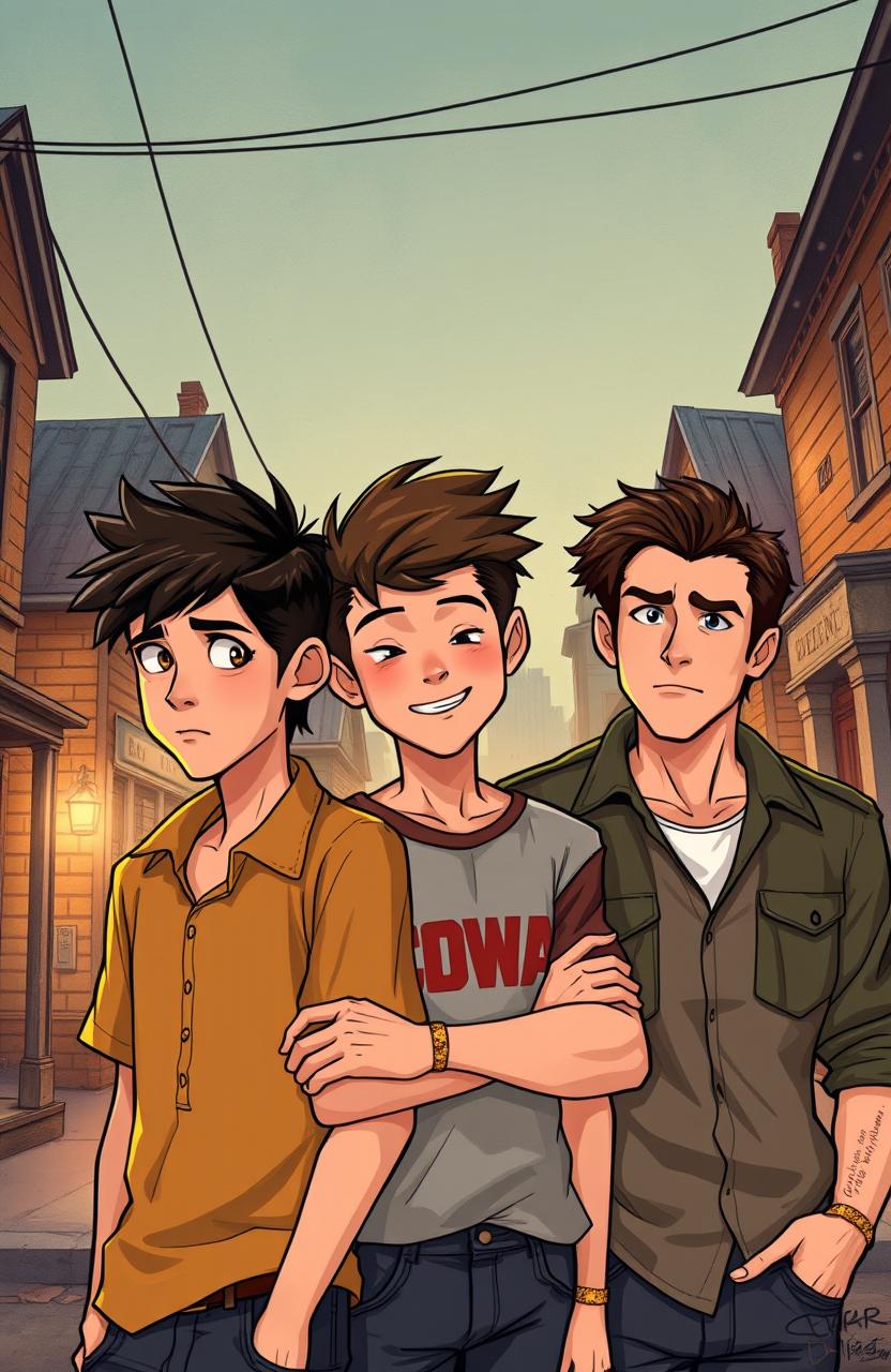 A vivid illustration of three brothers: Ponyboy Curtis, a 14-year-old teenager with short, dark hair and thoughtful eyes, looking intently at the viewer, alongside his two older brothers