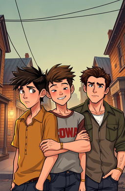 A vivid illustration of three brothers: Ponyboy Curtis, a 14-year-old teenager with short, dark hair and thoughtful eyes, looking intently at the viewer, alongside his two older brothers