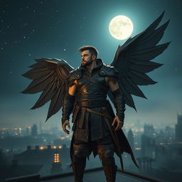 A striking scene of a strong male figure with large, powerful wings standing confidently atop a rooftop at night