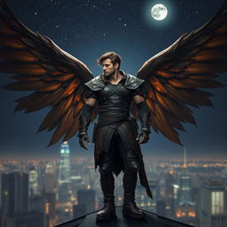 A striking scene of a strong male figure with large, powerful wings standing confidently atop a rooftop at night