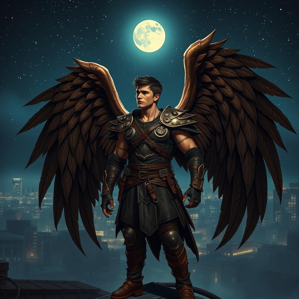 A striking scene of a strong male figure with large, powerful wings standing confidently atop a rooftop at night