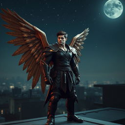 A striking scene of a strong male figure with large, powerful wings standing confidently atop a rooftop at night