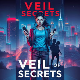 Cover design for the novel 'Veil of Secrets', featuring a modern city skyline illuminated with vibrant neon lights, showcasing high-rise buildings that symbolize power alongside impoverished areas reflecting societal struggles