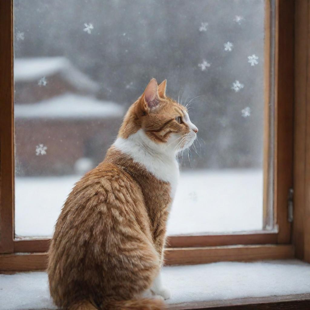 Draw an image of a cat watching snowflakes falling gently from a window, capturing the cozy indoors feel and the cat's awe of the snow.