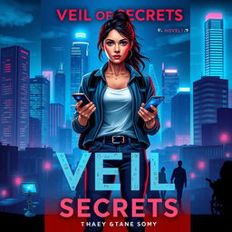 Cover design for the novel 'Veil of Secrets', featuring a modern city skyline illuminated with vibrant neon lights, showcasing high-rise buildings that symbolize power alongside impoverished areas reflecting societal struggles