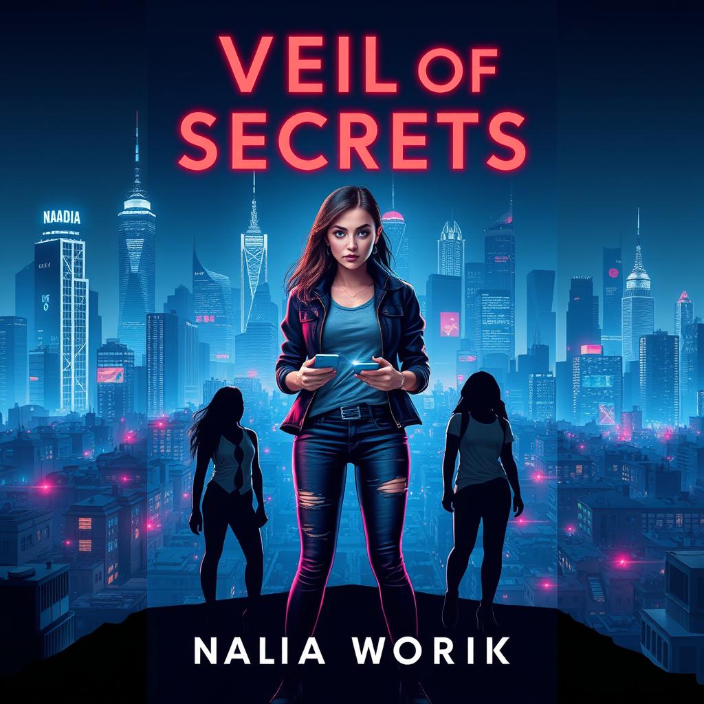 Cover design for the novel 'Veil of Secrets', featuring a modern city skyline illuminated with vibrant neon lights, showcasing high-rise buildings that symbolize power alongside impoverished areas reflecting societal struggles