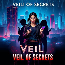 Cover design for the novel 'Veil of Secrets', featuring a modern city skyline illuminated with vibrant neon lights, showcasing high-rise buildings that symbolize power alongside impoverished areas reflecting societal struggles