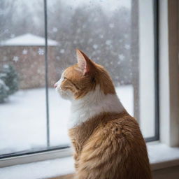 Draw an image of a cat watching snowflakes falling gently from a window, capturing the cozy indoors feel and the cat's awe of the snow.