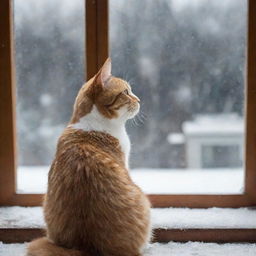 Draw an image of a cat watching snowflakes falling gently from a window, capturing the cozy indoors feel and the cat's awe of the snow.