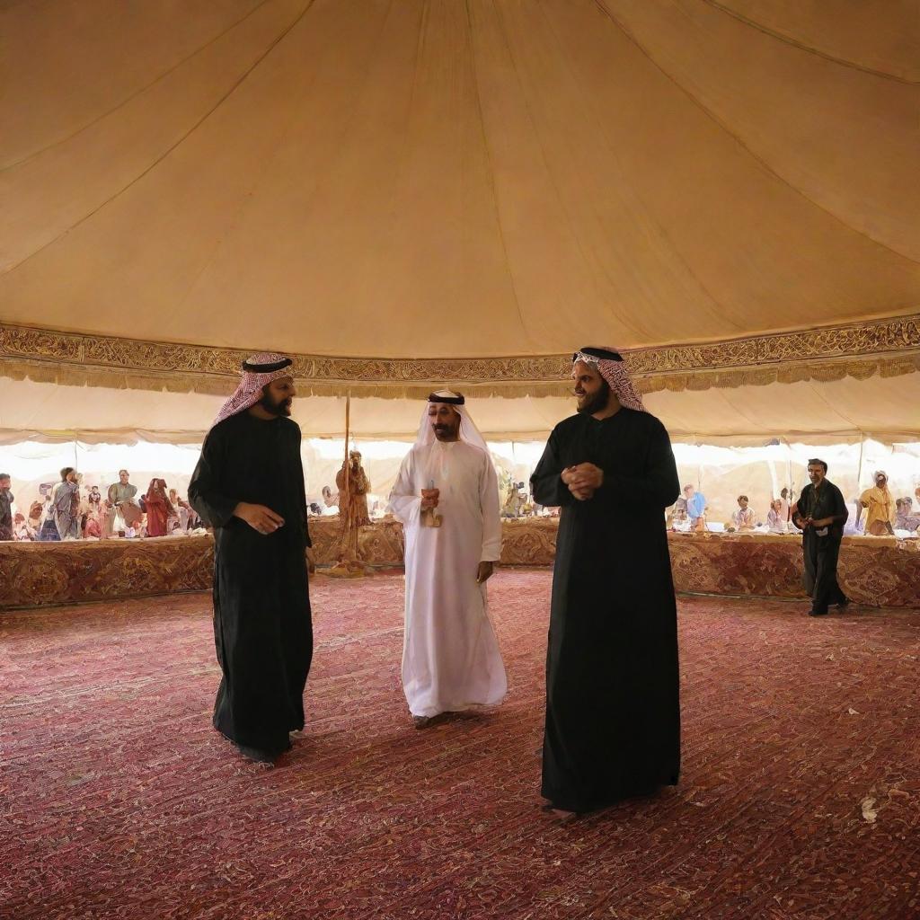 Inside an Arab tent, traditional Saudi Arabian music and dance performances, including the Ardha and Mizmar, are going on. The atmosphere is alive and engaging, with musicians playing and dancers in traditional costumes, honoring the founding day.