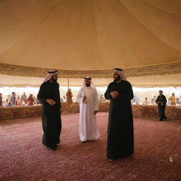 Inside an Arab tent, traditional Saudi Arabian music and dance performances, including the Ardha and Mizmar, are going on. The atmosphere is alive and engaging, with musicians playing and dancers in traditional costumes, honoring the founding day.