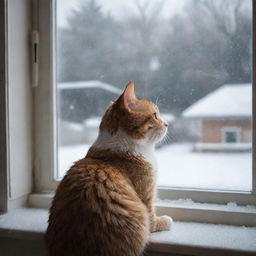 Draw an image of a cat watching snowflakes falling gently from a window, capturing the cozy indoors feel and the cat's awe of the snow.