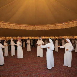 Inside an Arab tent, traditional Saudi Arabian music and dance performances, including the Ardha and Mizmar, are going on. The atmosphere is alive and engaging, with musicians playing and dancers in traditional costumes, honoring the founding day.