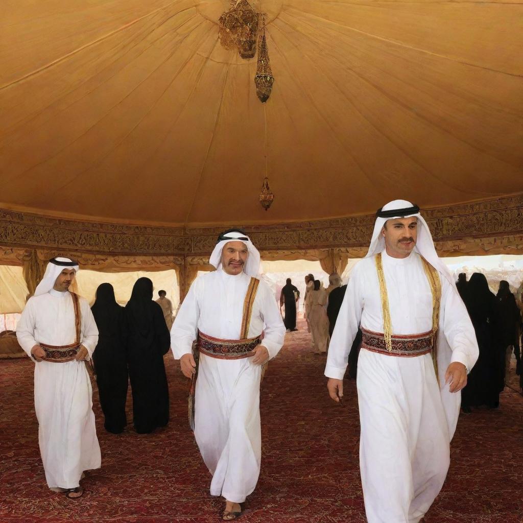 Inside an Arab tent, traditional Saudi Arabian music and dance performances, including the Ardha and Mizmar, are going on. The atmosphere is alive and engaging, with musicians playing and dancers in traditional costumes, honoring the founding day.