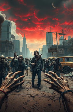 A surreal and haunting scene depicting a post-apocalyptic landscape overrun by zombies